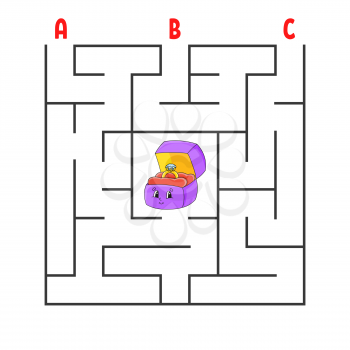 Square maze. Game for kids. Puzzle for children. Cartoon character ring box. Labyrinth conundrum. Color vector illustration. Find the right path. The development of logical and spatial thinking.