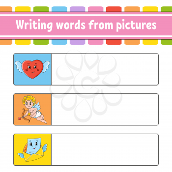 Writing words from pictures. Education developing worksheet. Heart, cupid, envelope. Activity page for kids. Puzzle for children. Isolated vector illustration. Cartoon characters.
