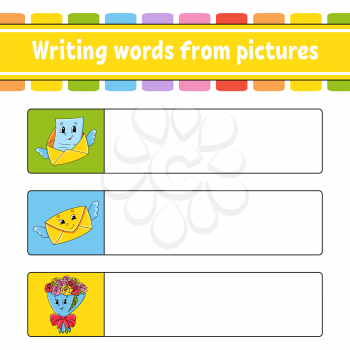 Writing words from pictures. Envelope, bouquet. Education developing worksheet. Activity page for kids. Puzzle for children. Isolated vector illustration. Cartoon characters.