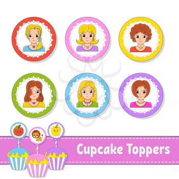 Cupcake Toppers. Set of six round pictures. Beautiful smile girls. Cartoon characters. Cute image. For birhday, party, baby shower.