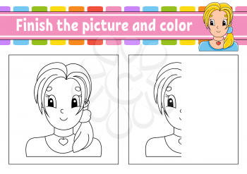 Finish the picture and color. Cartoon character isolated on white background. For kids education. Activity worksheet.