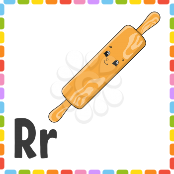 English alphabet. Letter R - rolling pin. ABC square flash cards. Cartoon character isolated on white background. For kids education. Developing worksheet. Learning letters. Color vector illustration.