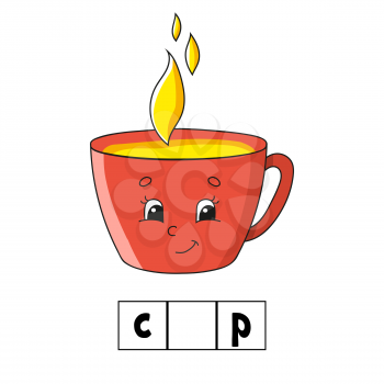 Words puzzle. Cup. Education developing worksheet. Learning game for kids. Color activity page. Puzzle for children. English for preschool. Vector illustration. Cartoon style.