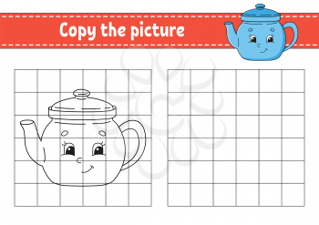 Copy the picture. Teapot. Coloring book pages for kids. Education developing worksheet. Game for children. Handwriting practice. Catoon character.