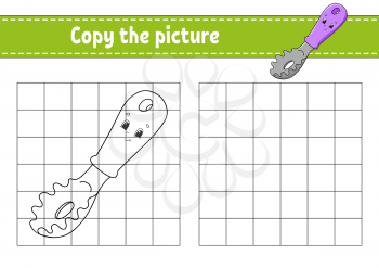 Copy the picture. Spaghetti spoon. Coloring book pages for kids. Education developing worksheet. Game for children. Handwriting practice. Catoon character.