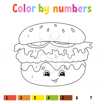 Color by numbers. Coloring book for kids. Vector illustration. Cartoon character. Hand drawn. Worksheet page for children. Isolated on white background.