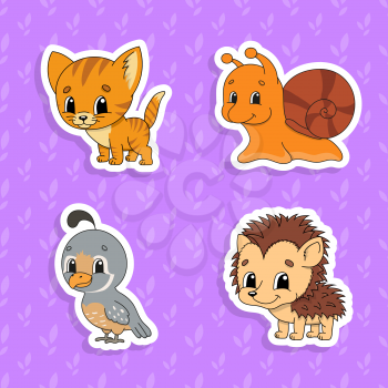 Set of bright color stickers for kids. Cute cartoon characters. Vector illustration isolated on color background.