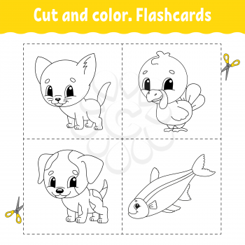 Cut and color. Flashcard Set. Coloring book for kids. Cartoon character.
