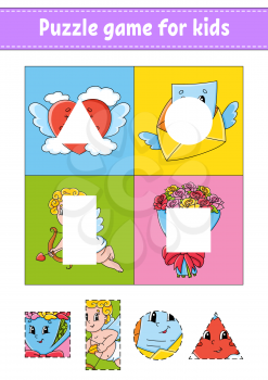 Puzzle game for kids. Cut and paste. Cutting practice. Learning shapes. Education worksheet. Valentine's Day. Circle, square, rectangle, triangle. Activity page.Cartoon character.