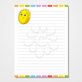 Sheet template for notebook, notepad, diary. Lined paper. Cute character. With a color image. Isolated vector illustration. Cartoon style.