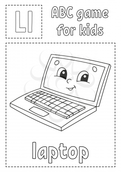 Letter L is for laptop. ABC game for kids. Alphabet coloring page. Cartoon character. Word and letter. Vector illustration.