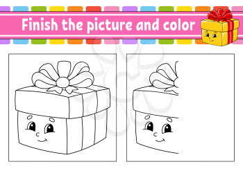 Finish the picture and color. Christmas theme. Cartoon character isolated on white background. For kids education. Activity worksheet.