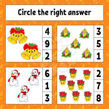 Circle the right answer. Christmas theme. Education developing worksheet. Activity page with pictures. Game for children. Color isolated vector illustration. Funny character. Cartoon style.