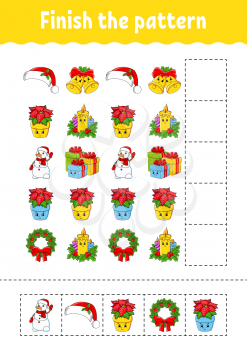 Finish the pattern. Cut and play. Christmas theme. Education developing worksheet. Activity page. Cartoon character.