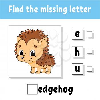 Find the missing letter. Education developing worksheet for kids. Activity page. Cartoon character. Autumn theme.