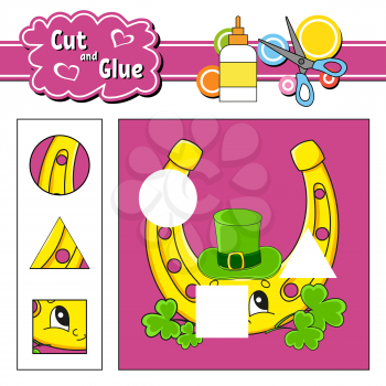 Cut and glue. Game for kids. Education developing worksheet. Cartoon character. Color activity page. Hand drawn. Isolated vector illustration. St. Patrick's day.