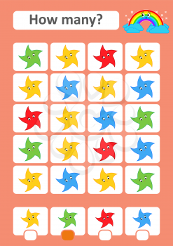 Counting game for preschool children. The study of mathematics. How many items in the picture. Colored cartoon stars. With a place for answers. Simple flat isolated vector illustration