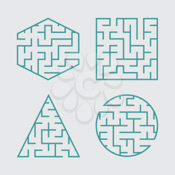 A set of labyrinths for children. A square, a circle, a hexagon, a triangle. A simple flat vector illustration isolated on a gray background