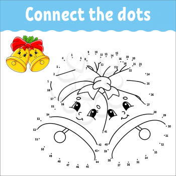 Dot to dot game. Draw a line. Christmas bells with holly leaves and bow. For kids. Activity worksheet. Coloring book. With answer. Cartoon character.