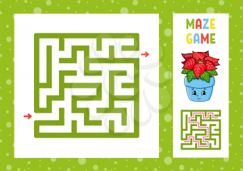 Square maze. Game for kids. Puzzle for children. Christmas theme. Happy character. Labyrinth conundrum. Color vector illustration. Find the right path. With answer. Isolated vector illustration.