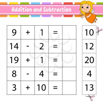Addition and subtraction. Task for kids. Cut and paste. Education developing worksheet. Activity page. Game for children. Funny character. Isolated vector illustration. Cartoon style.