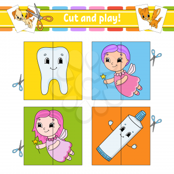 Cut and play. Flash cards. Color puzzle. Tooth, toothpaste, fairy. Education developing worksheet. Activity page. Game for children. Funny character. Isolated vector illustration. Cartoon style.