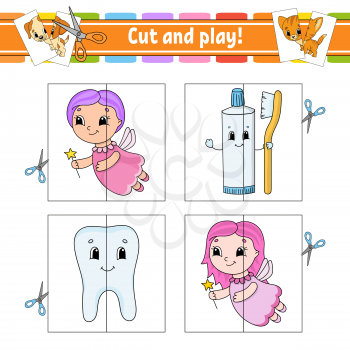Cut and play. Flash cards. Color puzzle. Tooth, toothpaste, fairy. Education developing worksheet. Activity page. Game for children. Funny character. Isolated vector illustration. Cartoon style.