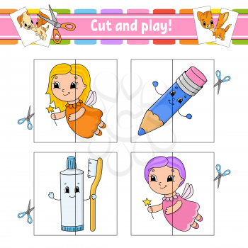 Cut and play. Flash cards. Color puzzle. toothpaste, fairy, pencil. Education developing worksheet. Activity page. Game for children. Funny character. Isolated vector illustration. Cartoon style.