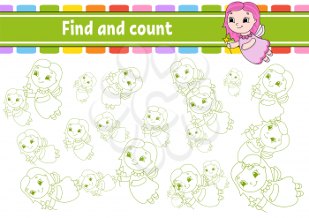 Find and count. Young fairy. Education developing worksheet. Activity page. Puzzle game for children. Logical thinking training. Isolated vector illustration. Cartoon character.