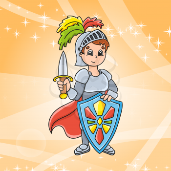 Cute character. Brave knight. Colorful vector illustration. Cartoon style. Isolated on color abstract background. Template for your design, books, stickers, posters, cards, clothes.
