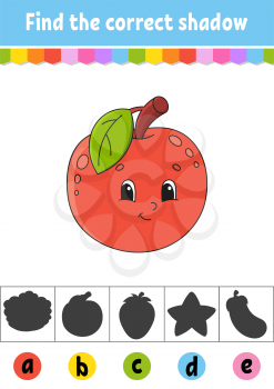Find the correct shadow. Fruit apple. Education developing worksheet. Activity page. Color game for children. Isolated vector illustration. Cartoon character.