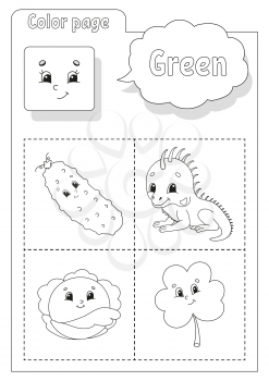 Coloring book. Learning colors. Color pictures. Flashcard for kids. Cartoon characters. Picture set for preschoolers. Education worksheet. Vector illustration.