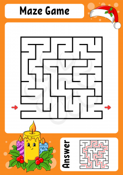Square maze. Game for kids. Winter theme. Funny labyrinth. Education developing worksheet. Activity page. Cartoon style. Riddle for preschool. Logical conundrum. Color vector illustration.