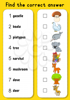 Matching game for kids. Learn English words. Education developing worksheet. Color activity page. Cartoon character.