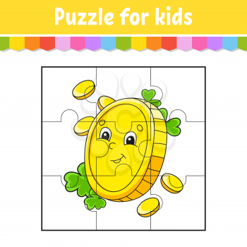 Puzzle game for kids. Jigsaw pieces. Color worksheet. Activity page. St. Patrick's day. Isolated vector illustration. Cartoon style.