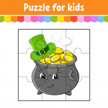 Puzzle game for kids. Jigsaw pieces. Color worksheet. Activity page. St. Patrick's day. Isolated vector illustration. Cartoon style.