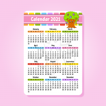 Calendar for 2020 with a cute character. Fun and bright design. Isolated color vector illustration. Pocket size. Cartoon style. Easter egg tree.