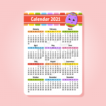 Calendar for 2020 with a cute character. Easter egg. Fun and bright design. Isolated color vector illustration. Pocket size. Cartoon style.