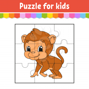 Puzzle game for kids. Brown monkey. Education worksheet. Color activity page. Riddle for preschool. Isolated vector illustration. Cartoon style.