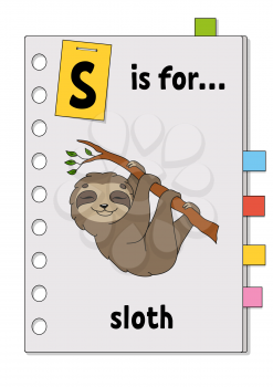 S is for sloth. ABC game for kids. Word and letter. Learning words for study English. Cartoon character. Color vector illustration. Cute animal.