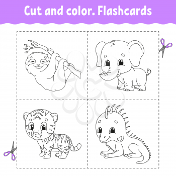 Cut and color. Flashcard Set. tiger, sloth, iguana, elephant. Coloring book for kids. Cartoon character. Cute animal.