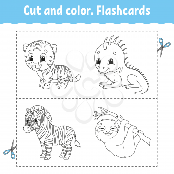 Cut and color. Flashcard Set. tiger, iguana, sloth, zebra. Coloring book for kids. Cartoon character. Cute animal.
