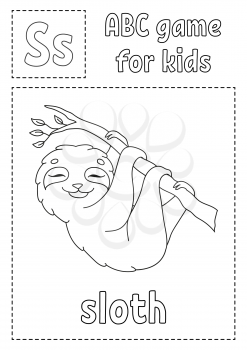 Letter S is for sloth. ABC game for kids. Alphabet coloring page. Cartoon character. Word and letter. Vector illustration.