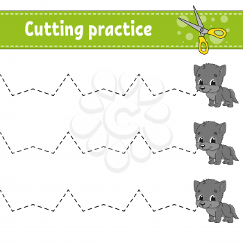 Cutting practice for kids. Animal wolf. Education developing worksheet. Activity page. Color game for children. Isolated vector illustration. Cartoon character.