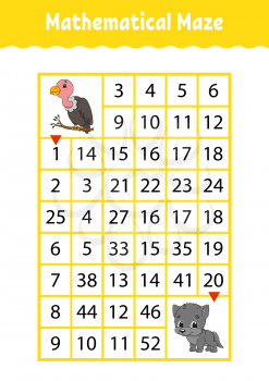 Mathematical rectangle maze. Vulture and wolf. Game for kids. Number labyrinth. Education worksheet. Activity page. Riddle for children. Cartoon characters.
