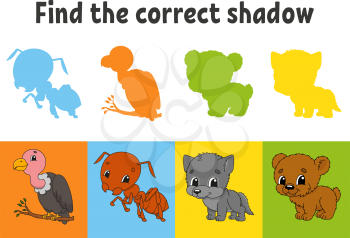 Find the correct shadow. Vulture, ant, wolf, bear. Education worksheet. Matching game for kids. Color activity page. Puzzle for children. Cartoon character. Isolated vector illustration.