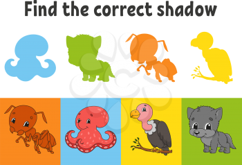 Find the correct shadow. Ant, octopus, vulture, wolf. Education worksheet. Matching game for kids. Color activity page. Puzzle for children. Cartoon character. Isolated vector illustration.