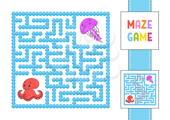 Funny square maze. Game for kids. Octopus and jellyfish. Puzzle for children. Labyrinth conundrum with character. Color vector illustration. Find the right path. With answer.