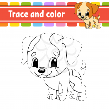 Trace and color. Dog animal. Coloring page for kids. Handwriting practice. Education developing worksheet. Activity page. Game for toddlers. Isolated vector illustration. Cartoon style.