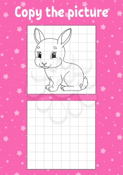 Copy the picture. Rabbit bunny animal. Coloring book pages for kids. Education developing worksheet. Game for children. Handwriting practice. Funny character. Cartoon vector illustration.